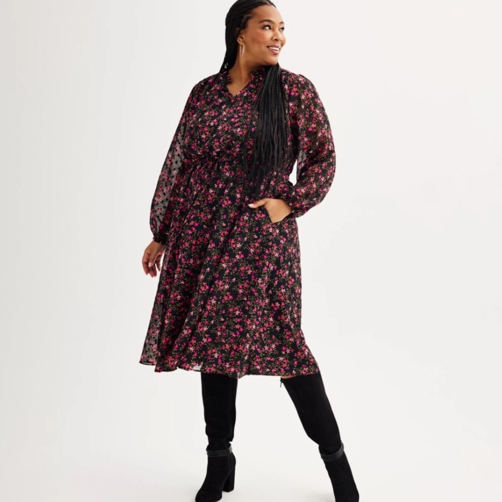 Draper‎ James RSVP Black Pink Floral Print Long Sleeve Ruffle Neck Midi Dress L